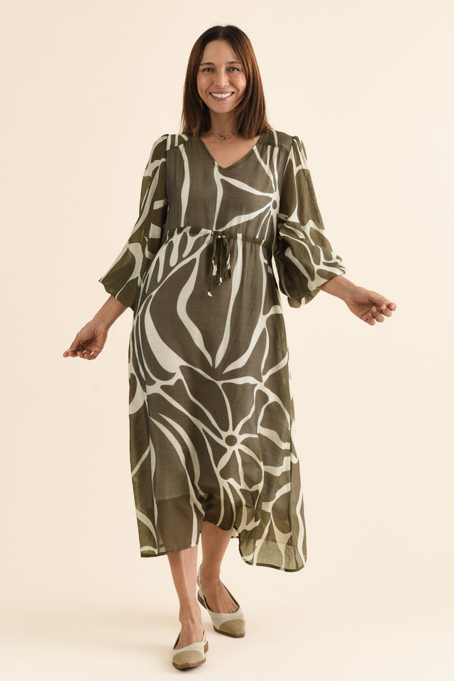 Mareli Khaki Abstract Tie Dress,Full Body,Brunette model,alt text|model:Cara image 2
