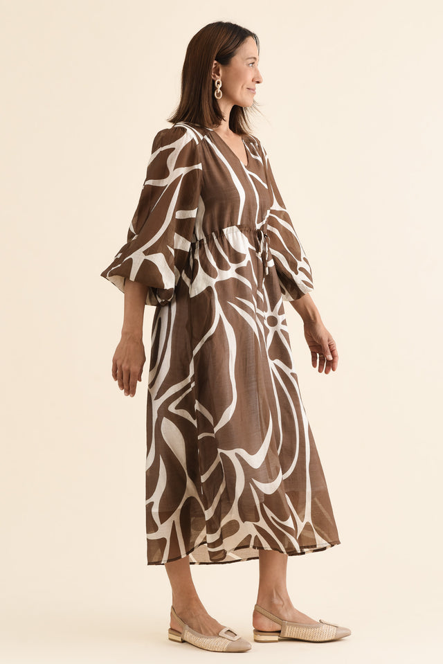 Mareli Mocha Abstract Tie Dress,Side,Brunette model,alt text|model:Cara image 3