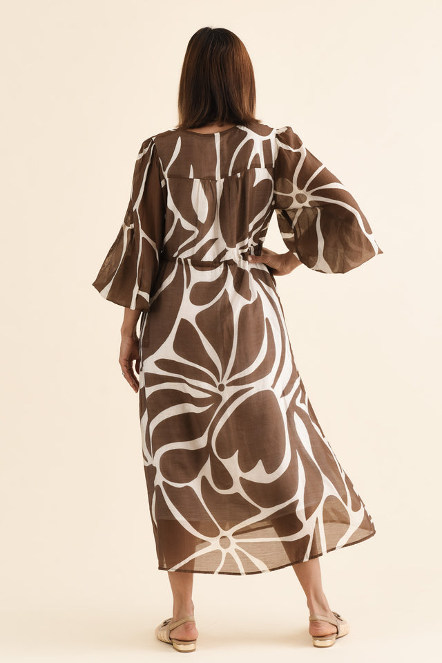 Mareli Mocha Abstract Tie Dress,Back,Brunette model,alt text|model:Cara image 4