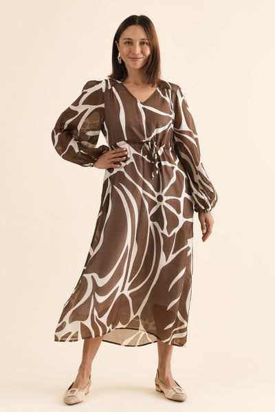 Mareli Mocha Abstract Tie Dress