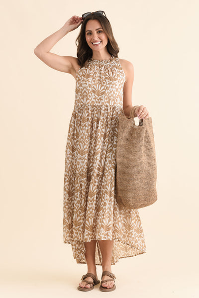 Margot Taupe Motif Sleeveless Dress