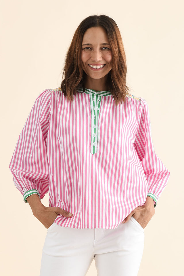 Maria Pink Stripe Cotton Blouse,Front,Brunette model,alt text|model:Cara image 1