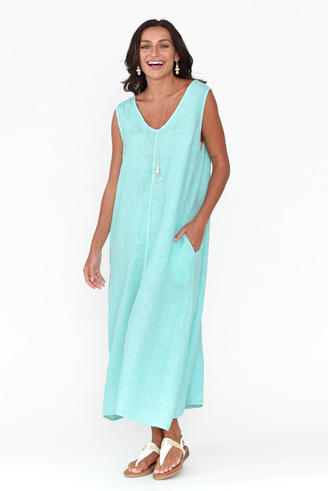 Marica Blue Linen Sleeveless Dress