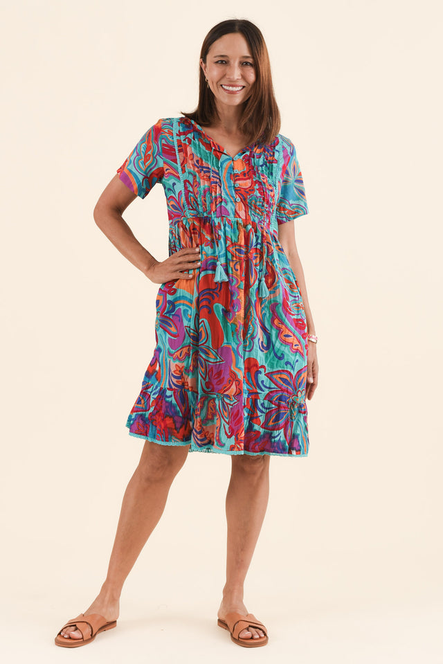 Marisol Blue Foliage Crinkle Cotton Dress,Front,Brunette model,alt text|model:Cara image 1