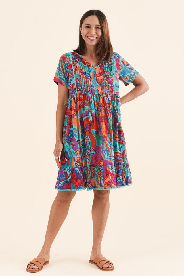 Marisol Blue Foliage Crinkle Cotton Dress,Full Body,Brunette model,alt text|model:Cara image 6