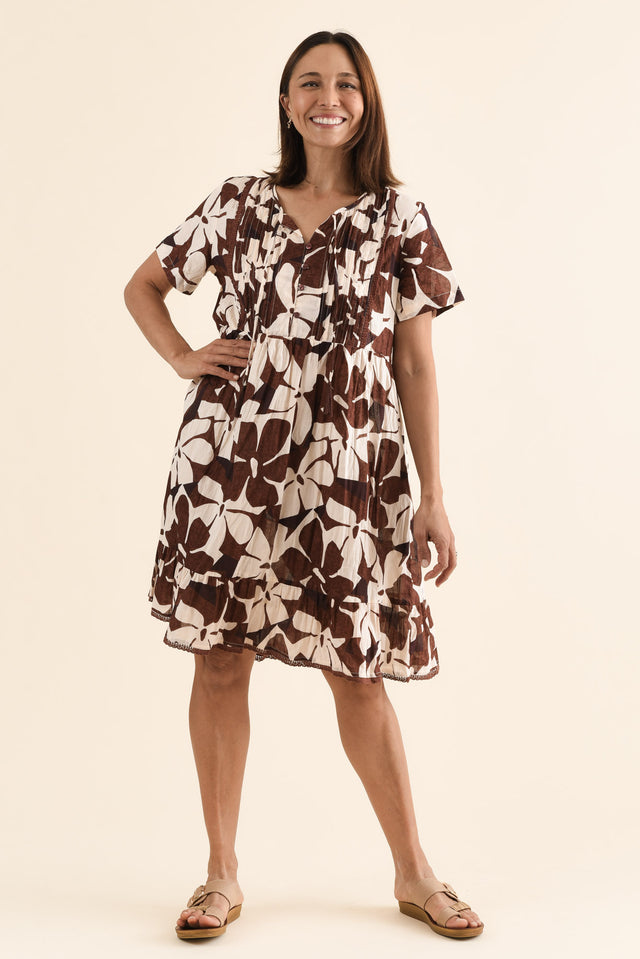 Marisol Chocolate Garden Crinkle Cotton Dress,Full Body,Brunette model,alt text|model:Cara image 2