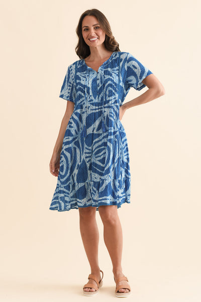 Marisol Cobalt Abstract Crinkle Cotton Dress