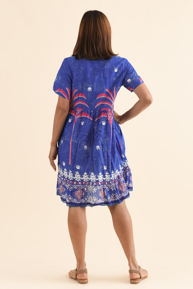 Marisol Cobalt Tropical Crinkle Cotton Dress,Back,Brunette model,alt text|model:Cara image 4