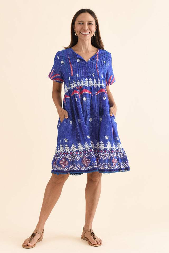 Marisol Cobalt Tropical Crinkle Cotton Dress,Front,Brunette model,alt text|model:Cara image 1