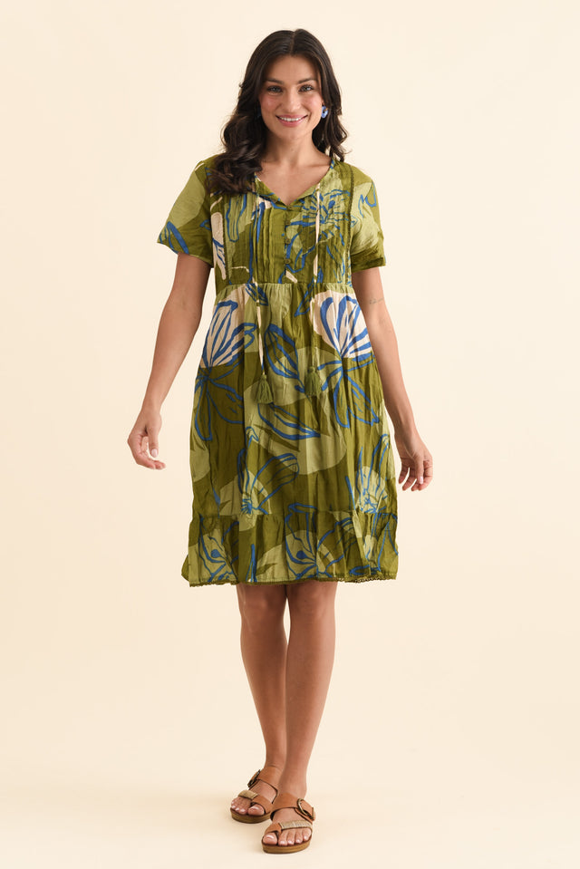 Marisol Olive Tiger Lily Crinkle Cotton Dress,Brunette model,alt text|model:Brontie image 3
