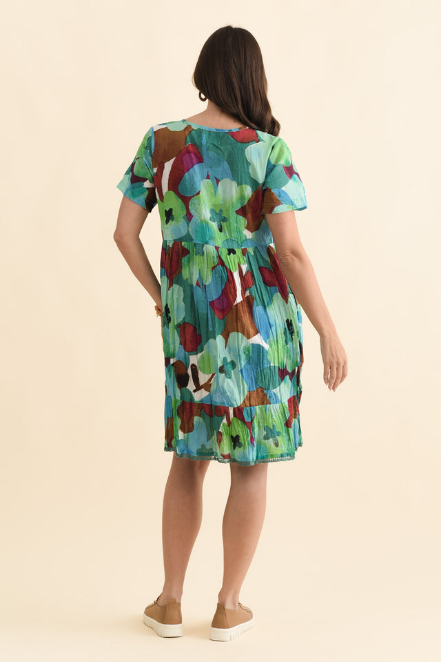 Marisol Teal Flower Crinkle Cotton Dress,Brunette model,alt text|model:MJ image 5