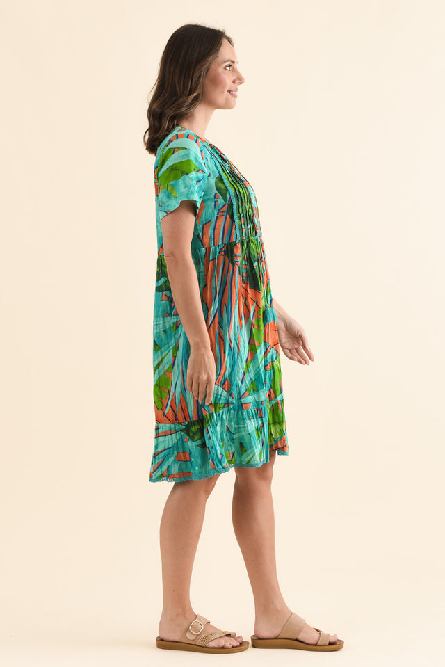 Marisol Teal Leaf Crinkle Cotton Dress,Side,Brunette model,alt text|model:MJ image 3