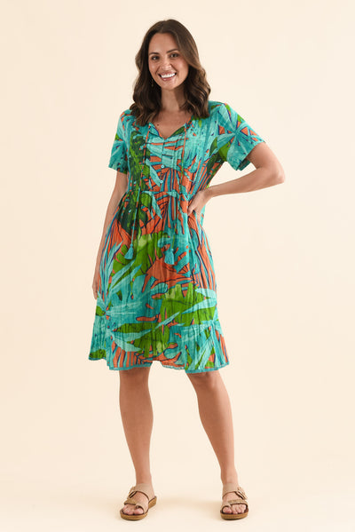 Marisol Teal Leaf Crinkle Cotton Dress