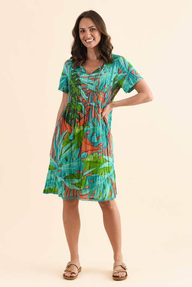 Marisol Teal Leaf Crinkle Cotton Dress,Full Body,Brunette model,alt text|model:MJ image 6