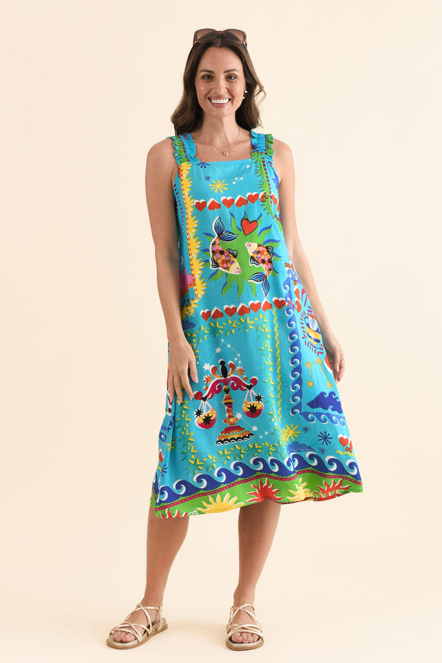 Marit Blue Mosaic Pocket Dress,Front,Brunette model,alt text|model:MJ image 1