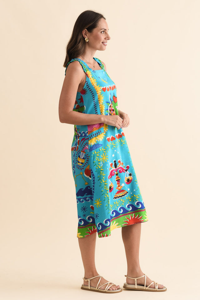 Marit Blue Mosaic Pocket Dress,Side,Brunette model,alt text|model:MJ image 3