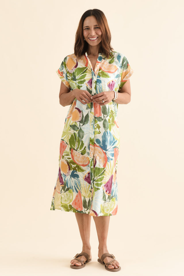 Marlowe Yellow Fruity Cotton Button Dress,Full Body,Brunette model,alt text|model:Cara image 6
