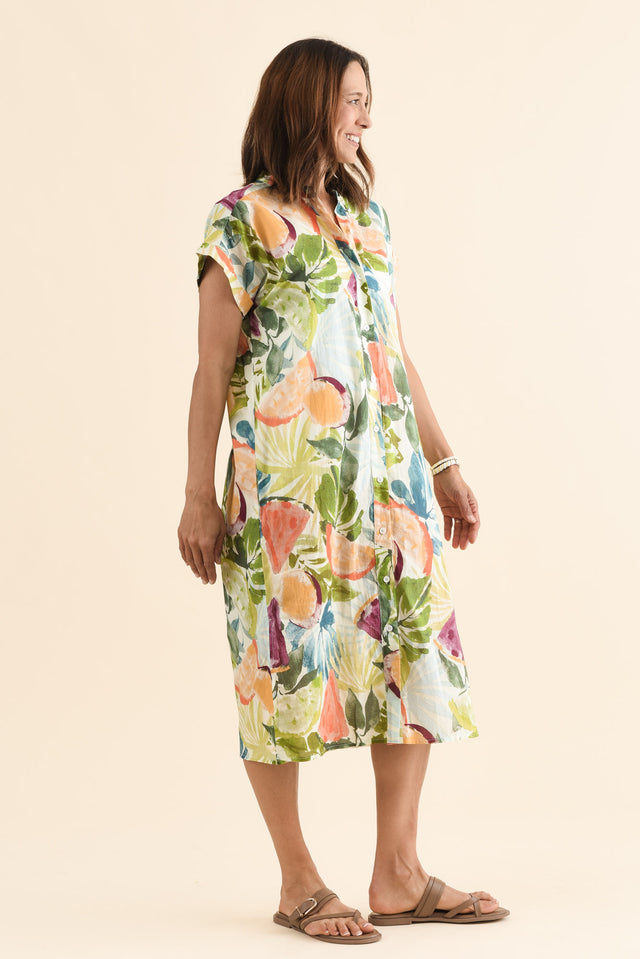 Marlowe Yellow Fruity Cotton Button Dress,Side,Brunette model,alt text|model:Cara image 3