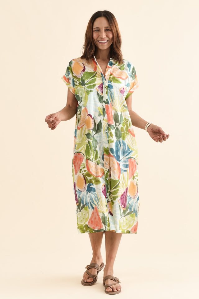 Marlowe Yellow Fruity Cotton Button Dress,Full Body,Brunette model,alt text|model:Cara image 2