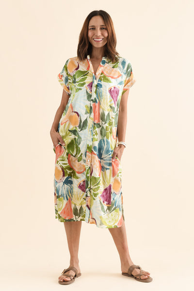 Marlowe Yellow Fruity Cotton Button Dress