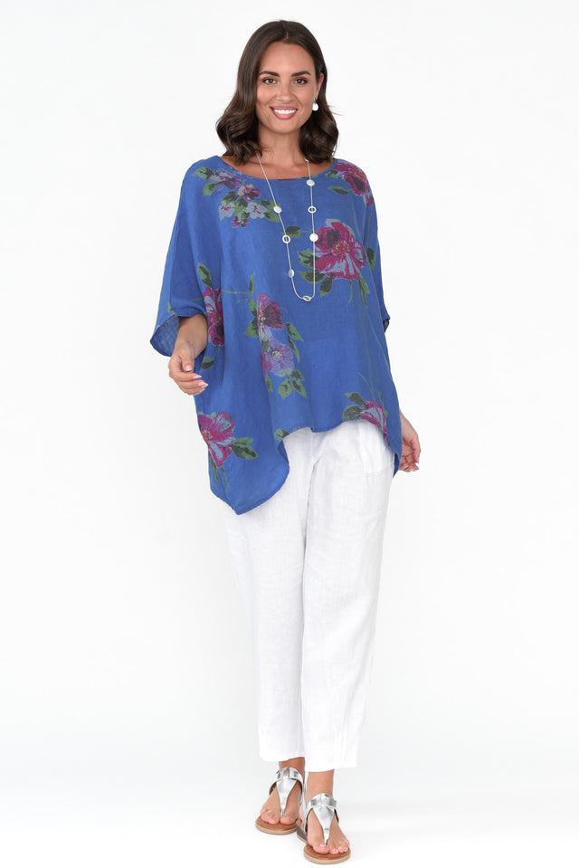 Martine Cobalt Flower Linen Top