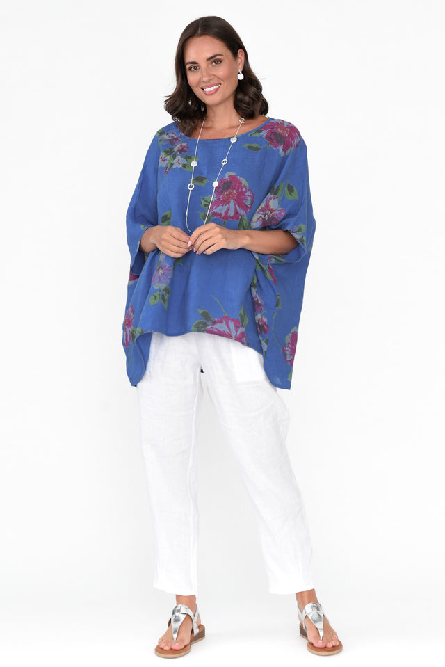 Martine Cobalt Flower Linen Top