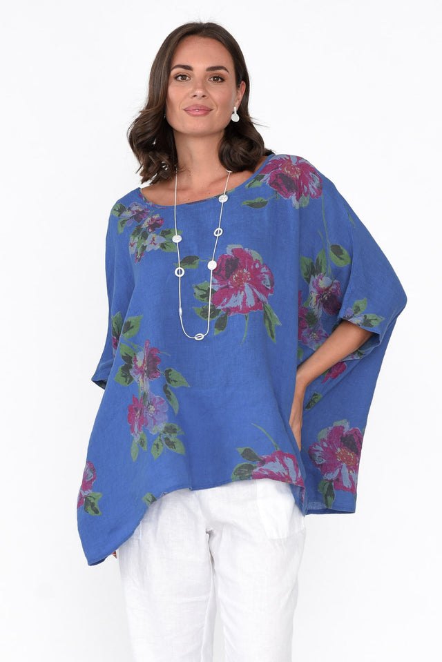 Martine Cobalt Flower Linen Top neckline_Boat