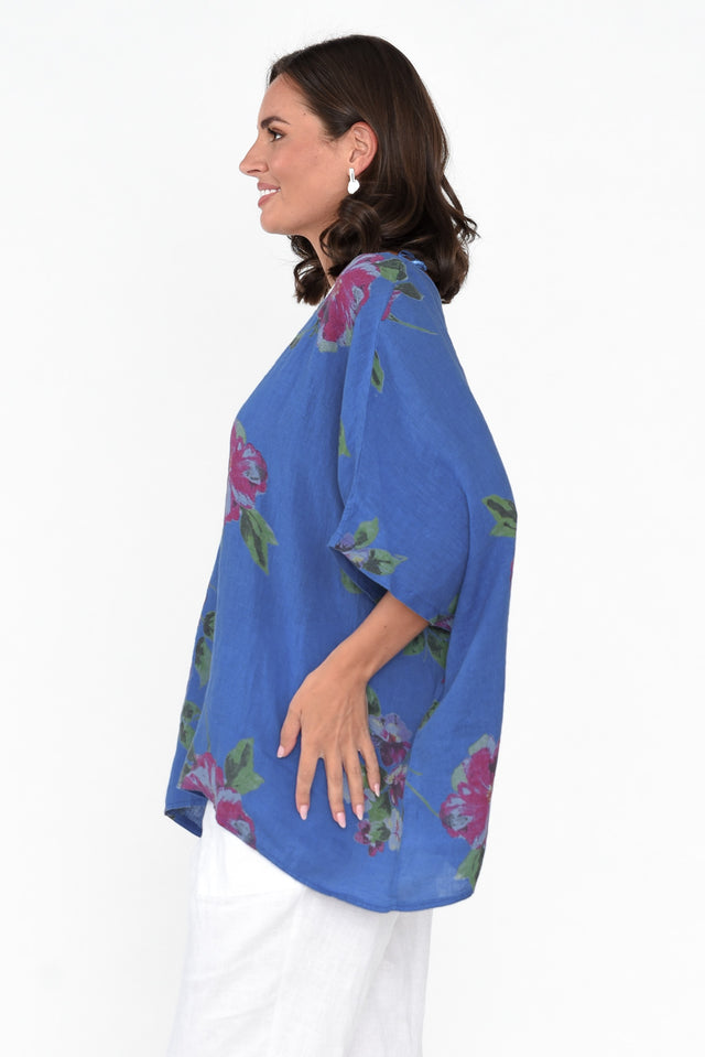 Martine Cobalt Flower Linen Top