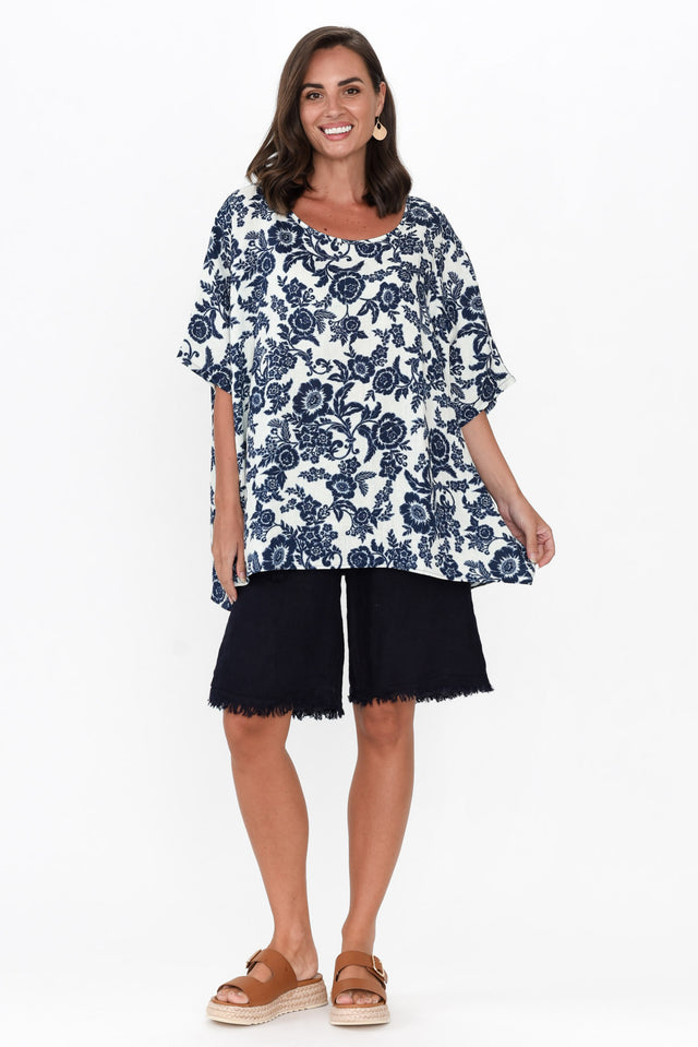 Martine Navy Floral Linen Top