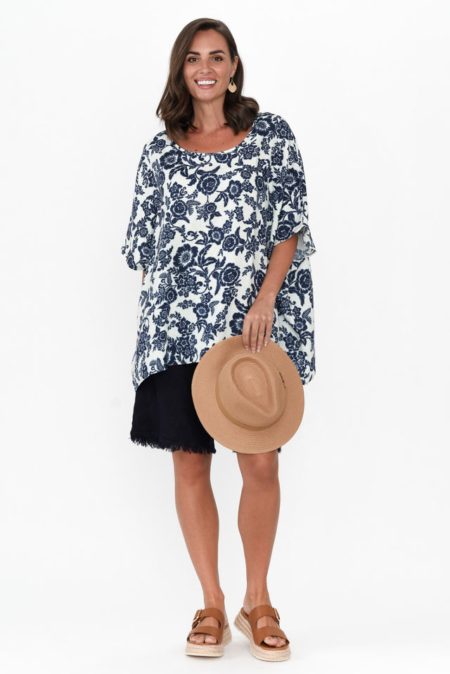 Martine Navy Floral Linen Top
