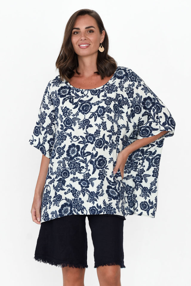 Martine Navy Floral Linen Top neckline_Round
