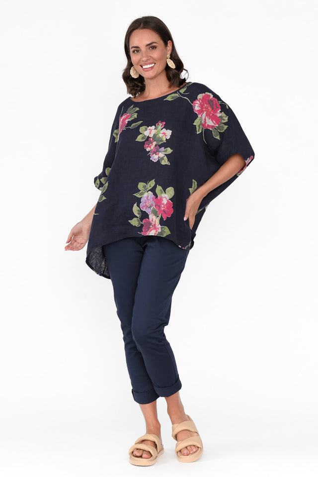Martine Navy Flower Linen Top
