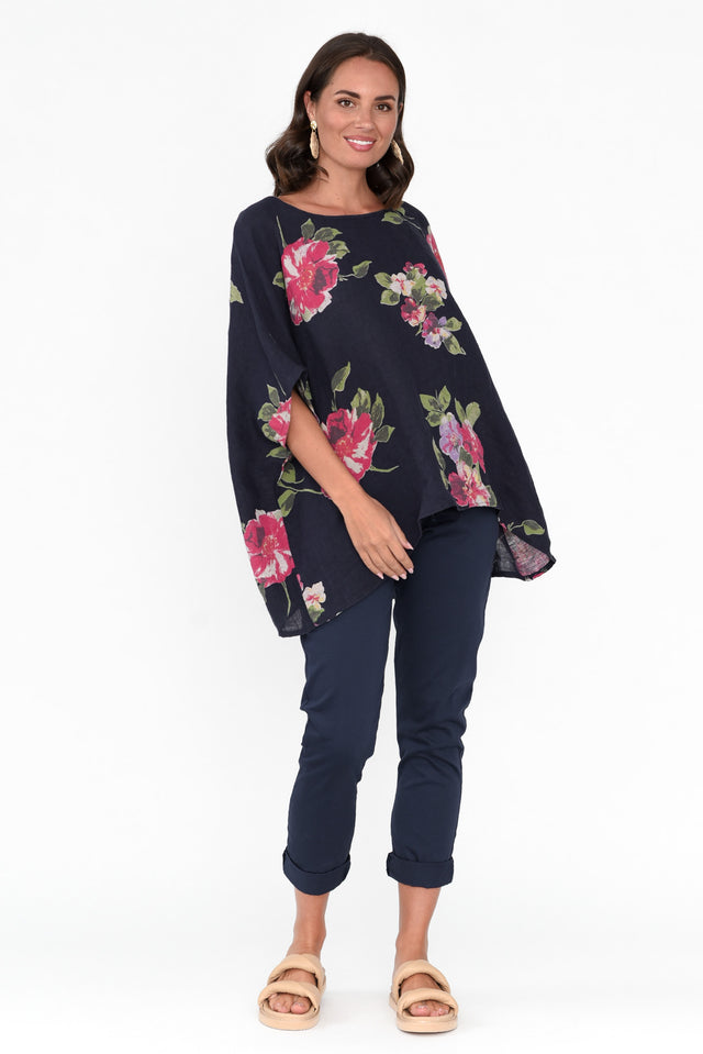 Martine Navy Flower Linen Top