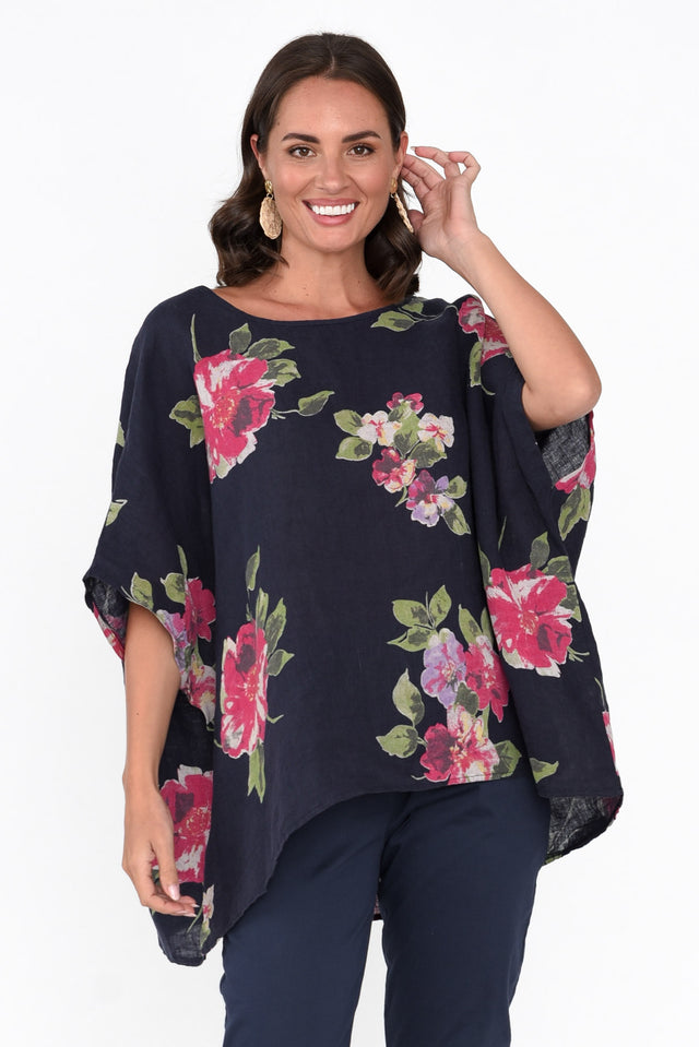 Martine Navy Flower Linen Top neckline_Round
