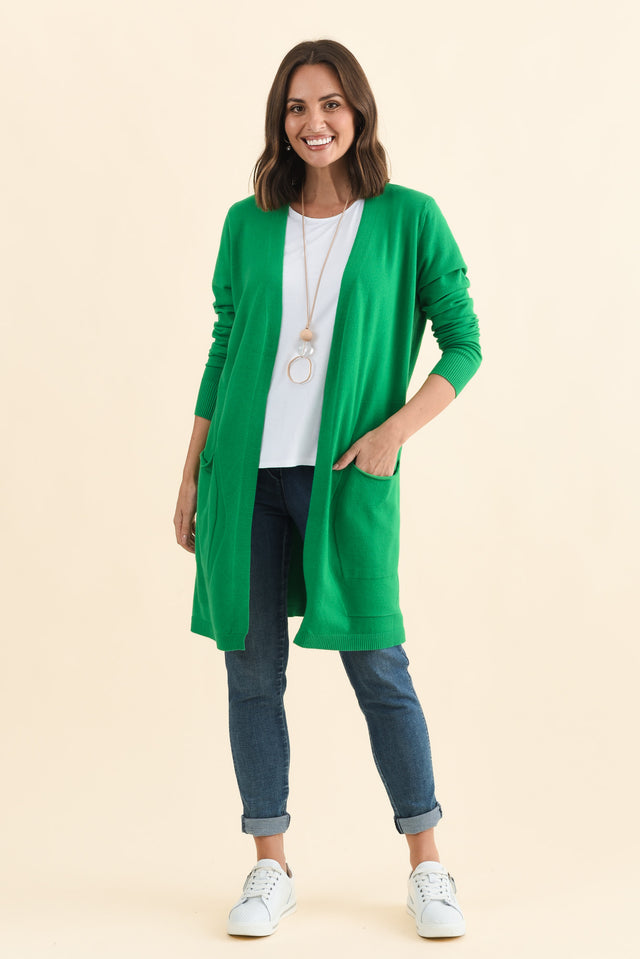 Mary Forest Green Pocket Cardigan,Brunette model,alt text|model:MJ image 3