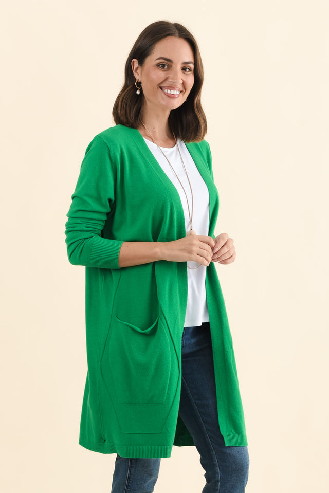 Mary Forest Green Pocket Cardigan,Brunette model,alt text|model:MJ image 4