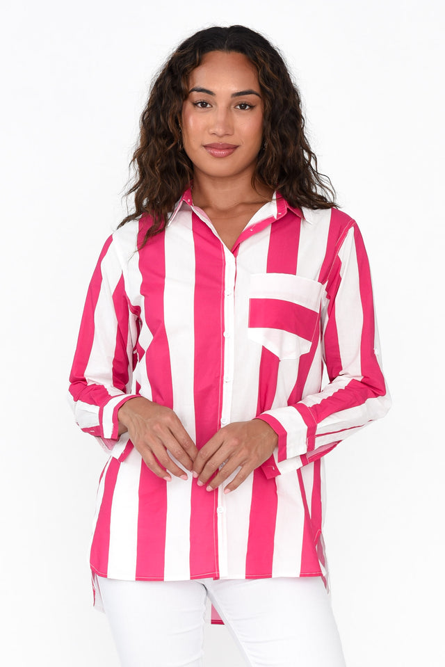 Maryann Pink Stripe Cotton Shirt neckline_V Neck  alt text|model:Demi;wearing:S