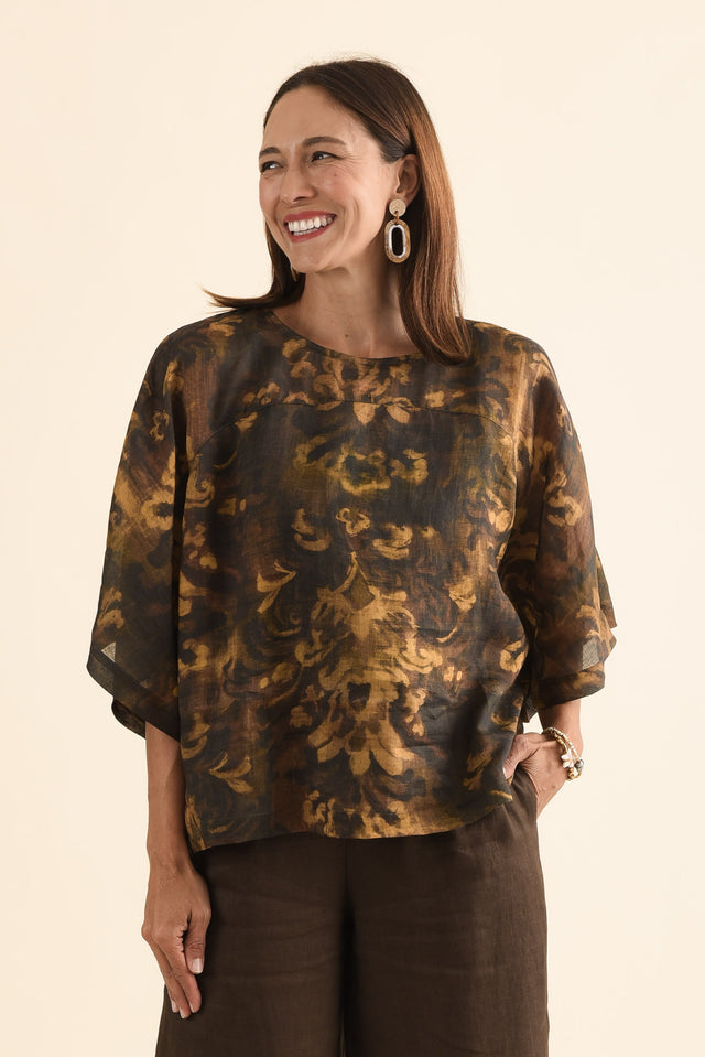 Massimo Yellow Floral Scoop Neck Tee,Front,Brunette model,alt text|model:Cara image 1