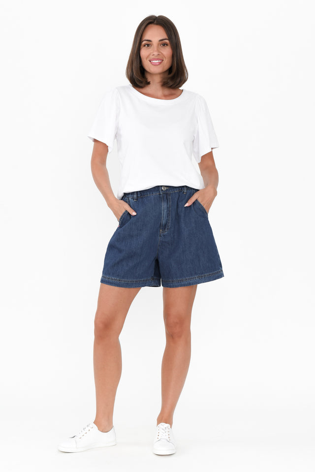 Matilda Dark Blue Denim Stretch Shorts,Brunette model,alt text|model:MJ image 8