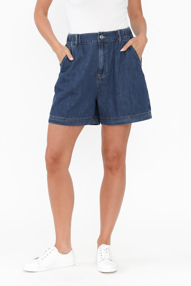 Matilda Dark Blue Denim Stretch Shorts,Brunette model,alt text|model:MJ image 1
