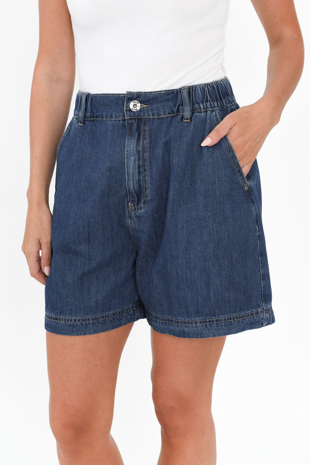 Matilda Dark Blue Denim Stretch Shorts,Brunette model,alt text|model:MJ image 7