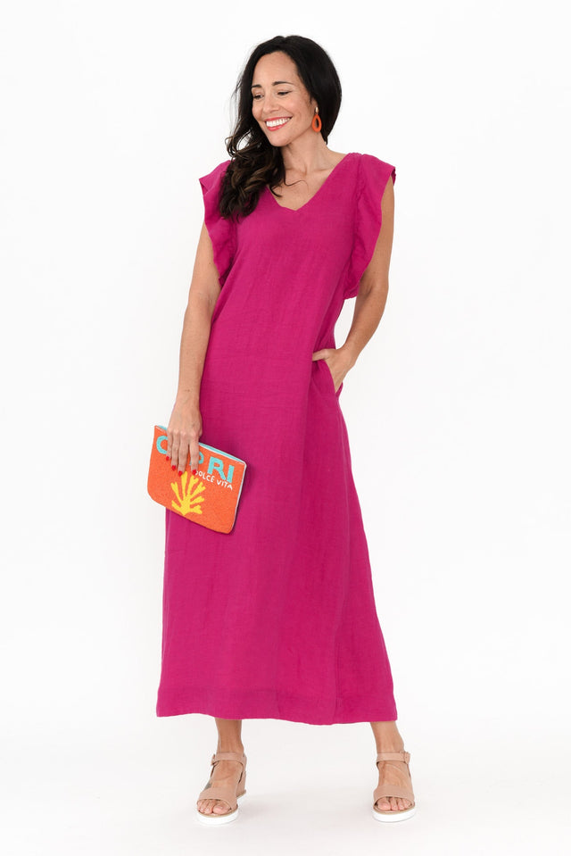 Matilda Hot Pink Pink Linen Dress,Brunette model,alt text|model:Nicole