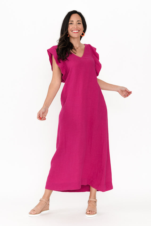 Matilda Hot Pink Pink Linen Dress,Brunette model,alt text|model:Nicole image 4