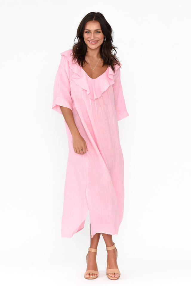 Mavice Pink Linen Ruffle Dress