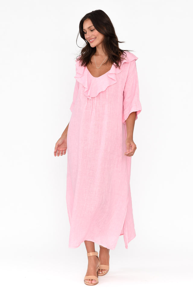 Mavice Pink Linen Ruffle Dress