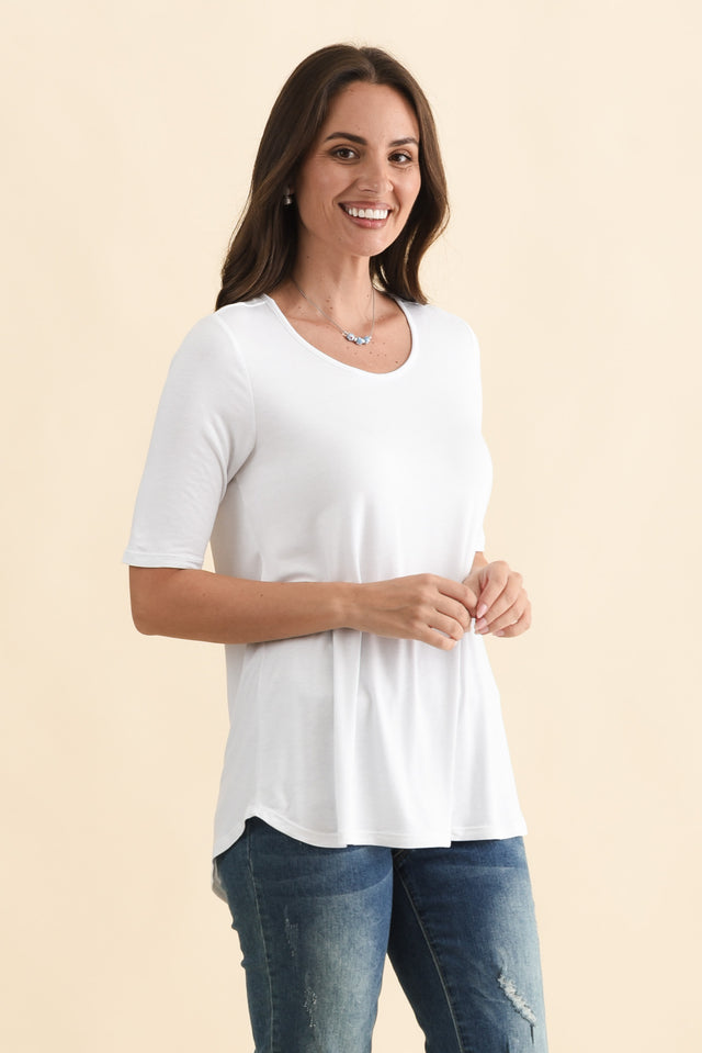 Maya White Half Sleeve Tee,Brunette model,alt text|model:MJ image 5