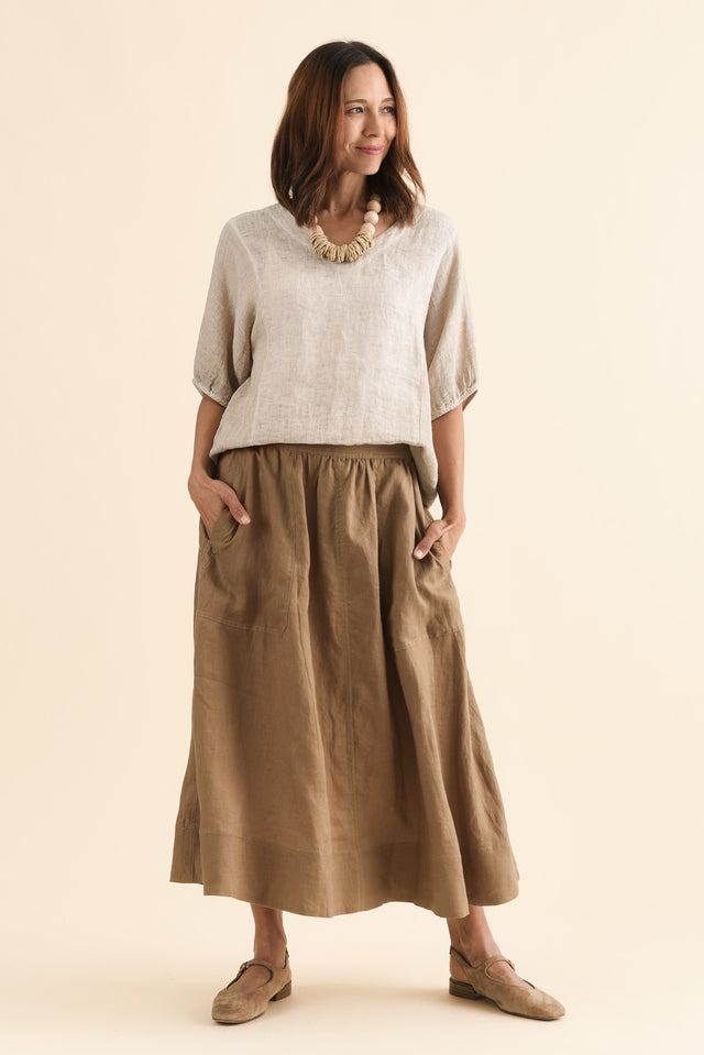 Mayan Tan Linen Pocket Skirt,Full Body,Brunette model,alt text|model:Cara image 2