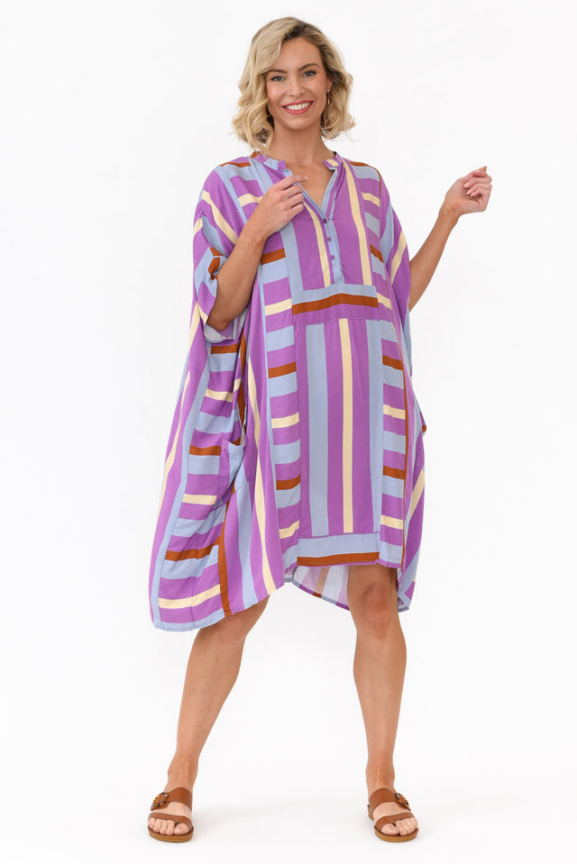 Maye Purple Stripe V Neck Kaftan