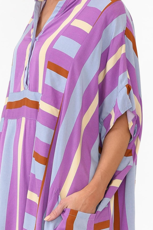Maye Purple Stripe V Neck Kaftan