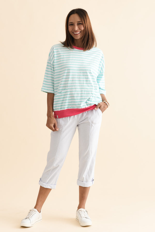Mazie Light Blue Stripe Cotton Sweat,Full Body,Brunette model,alt text|model:Cara